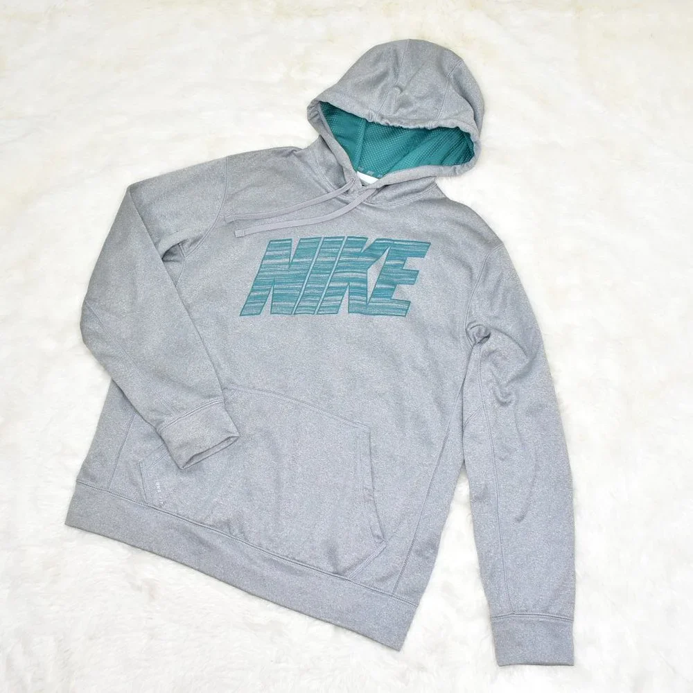 NIKE Hoodie Sweatshirt Pullover Mens M Therma Fit Gray Spell Out Fleece Athletic